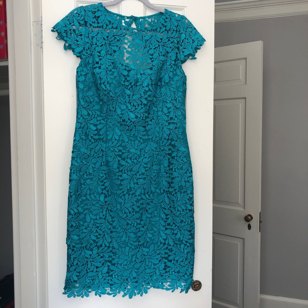 Teal Floral Appliqué Embroidered Lace Sheath Dress